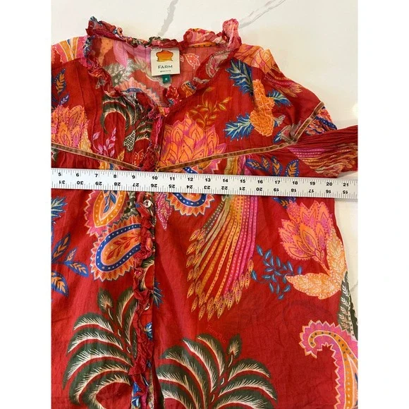 FARM Rio Mystic Bush Ruffled Blouse Floral Bird Print Button Front Ruffled Red M - Picture 14 of 16